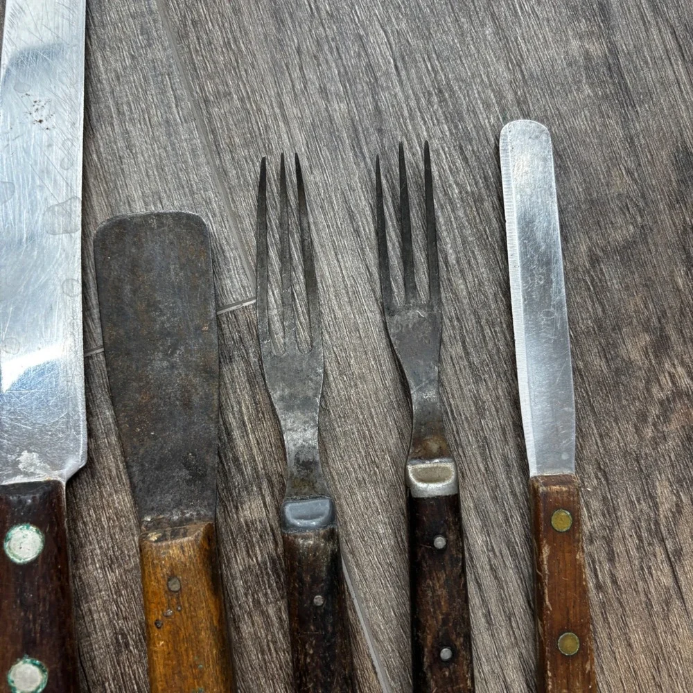 Vintage Wood‎ Handle Kitchen Knife Set Cleaver Slicer Forks Quikut Flint 6pc